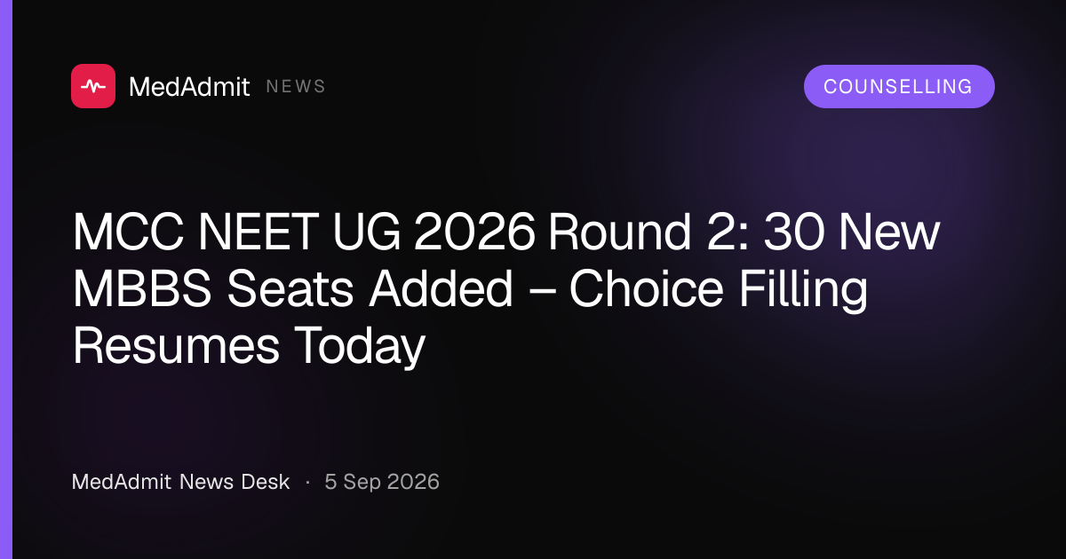 MCC NEET UG 2026 Round 2: 30 New MBBS Seats Added – Choice Filling Resumes Today - medadmit.in